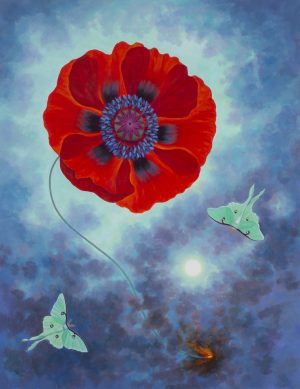 Poppy Blooms Over Moths and Moon
